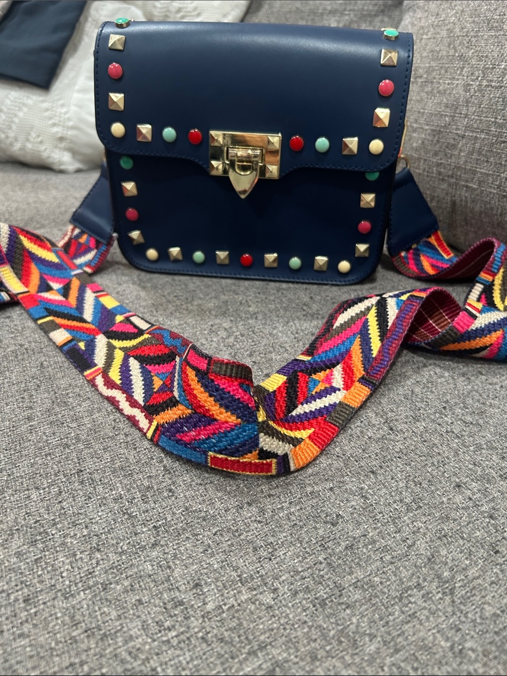 Navy Studded Crossbody Bag with Multicolor Strap